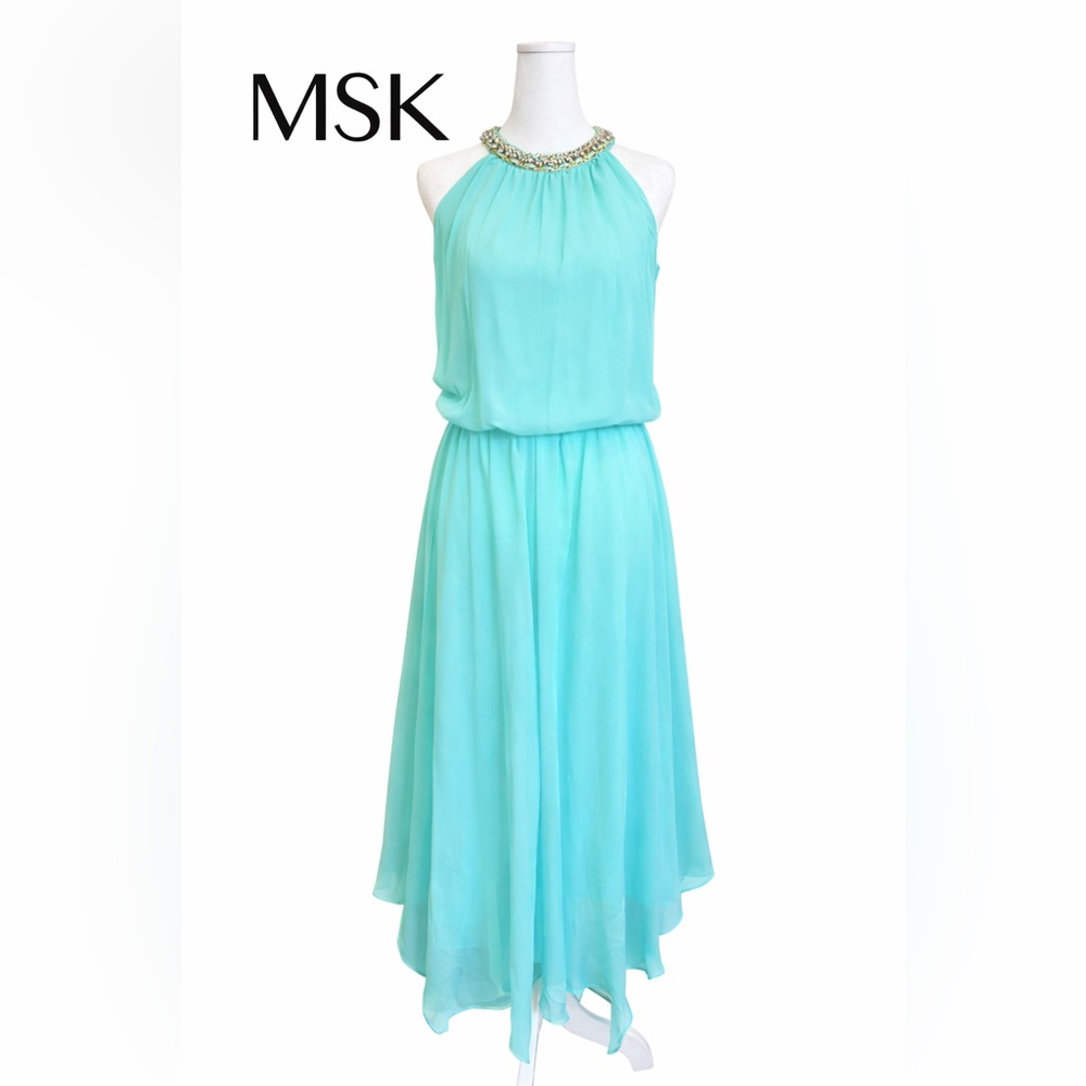 MSK Aqua Chiffon Halter Cocktail Dress Beaded Neck Size 6
